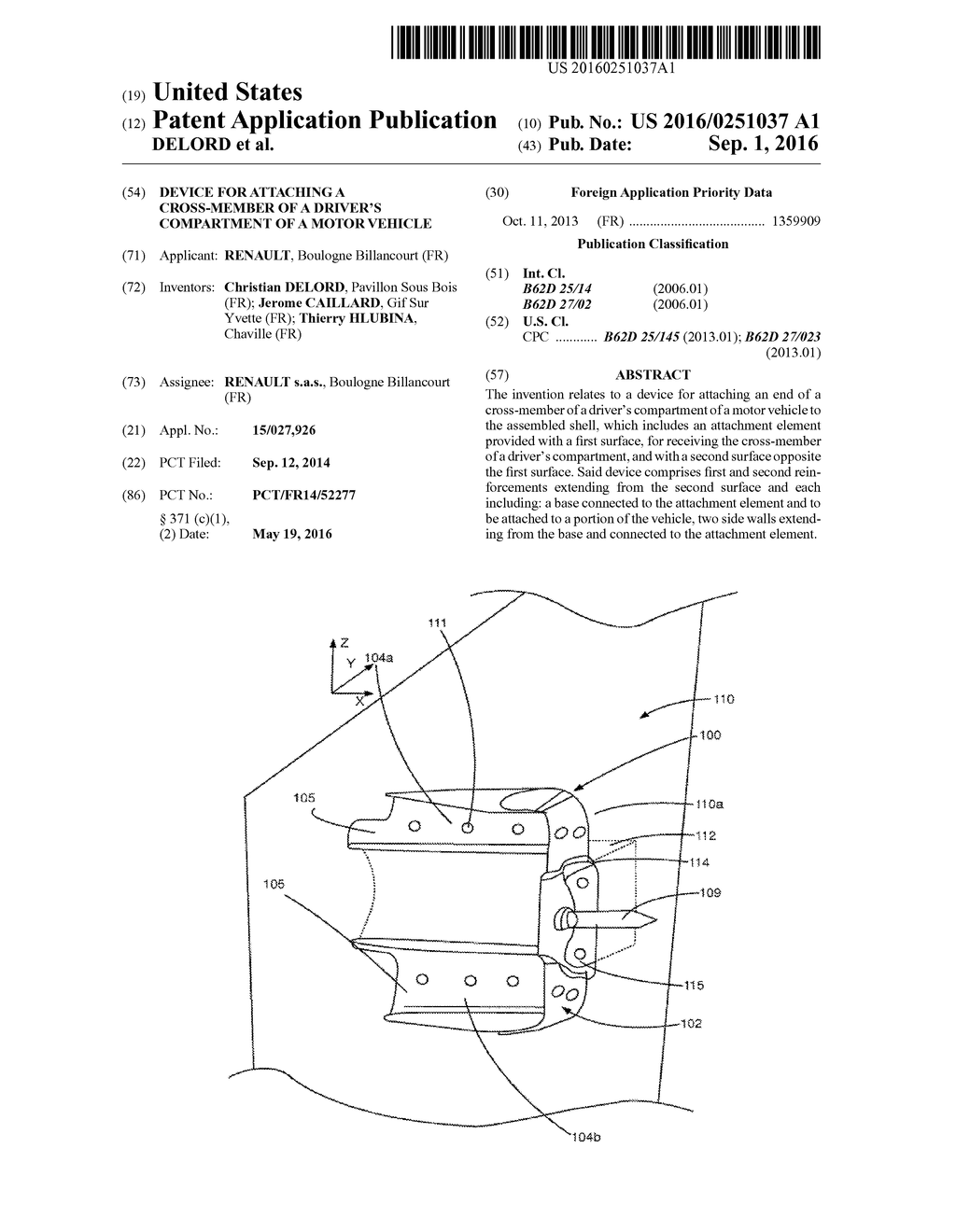 DEVICE FOR ATTACHING A CROSS-MEMBER OF A DRIVER'S COMPARTMENT OF A MOTOR     VEHICLE - diagram, schematic, and image 01