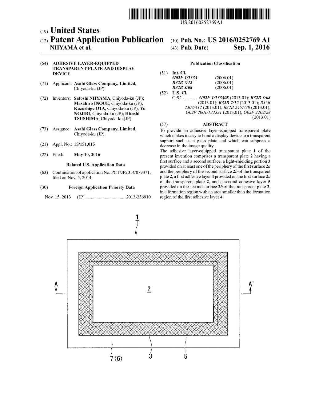 ADHESIVE LAYER-EQUIPPED TRANSPARENT PLATE AND DISPLAY DEVICE - diagram, schematic, and image 01