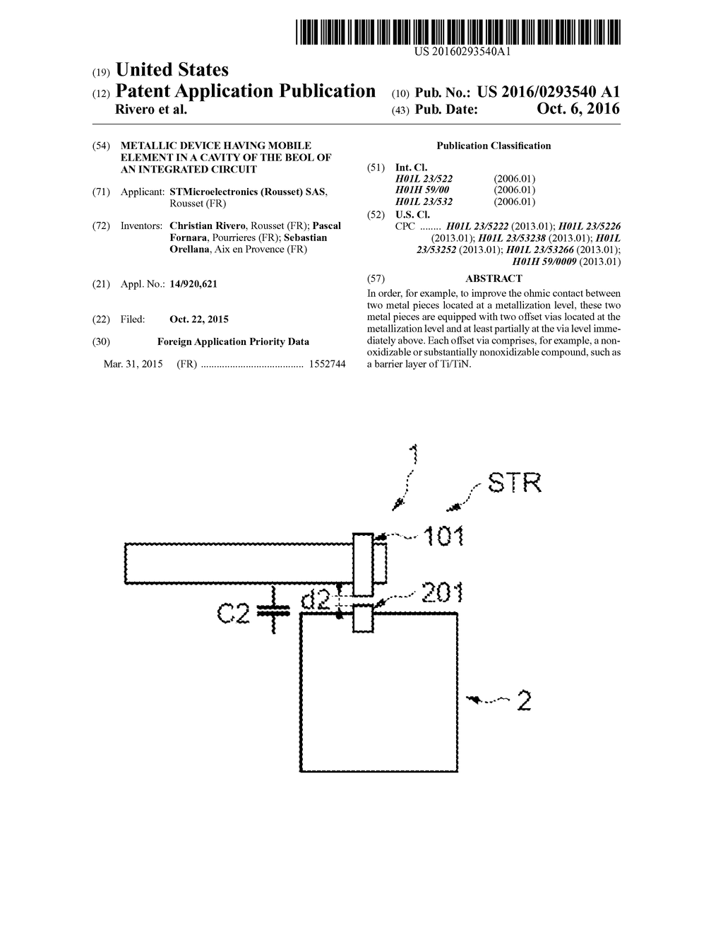 Metallic Device Having Mobile Element in a Cavity of the BEOL of an     Integrated Circuit - diagram, schematic, and image 01