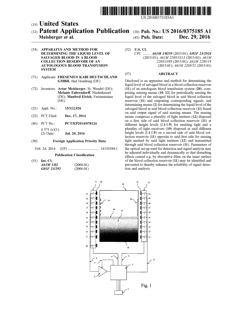 APPARATUS AND METHOD FOR DETERMINING THE LIQUID LEVEL OF SALVAGED BLOOD IN     A BLOOD COLLECTION RESERVOIR OF AN AUTOLOGOUS BLOOD TRANSFUSION SYSTEM - diagram, schematic, and image 01