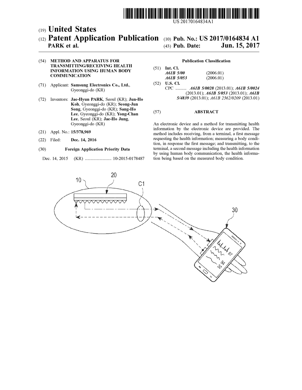 METHOD AND APPARATUS FOR TRANSMITTING/RECEIVING HEALTH INFORMATION USING     HUMAN BODY COMMUNICATION - diagram, schematic, and image 01