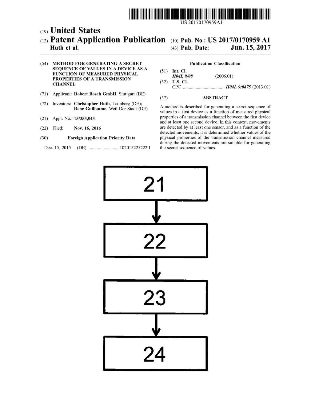 METHOD FOR GENERATING A SECRET SEQUENCE OF VALUES IN A DEVICE AS A     FUNCTION OF MEASURED PHYSICAL PROPERTIES OF A TRANSMISSION CHANNEL - diagram, schematic, and image 01